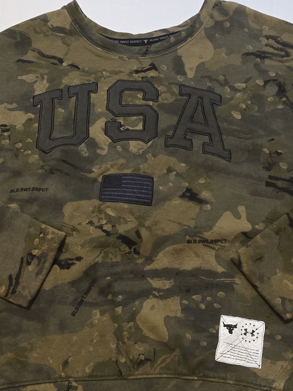 Under Armour Project Pact Olive Green Camouflage USA Graphic Crewneck